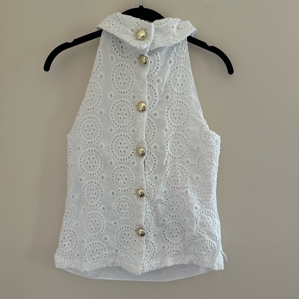 Sail to Sable White Eyelet Cowl Neck Top - Gold button back